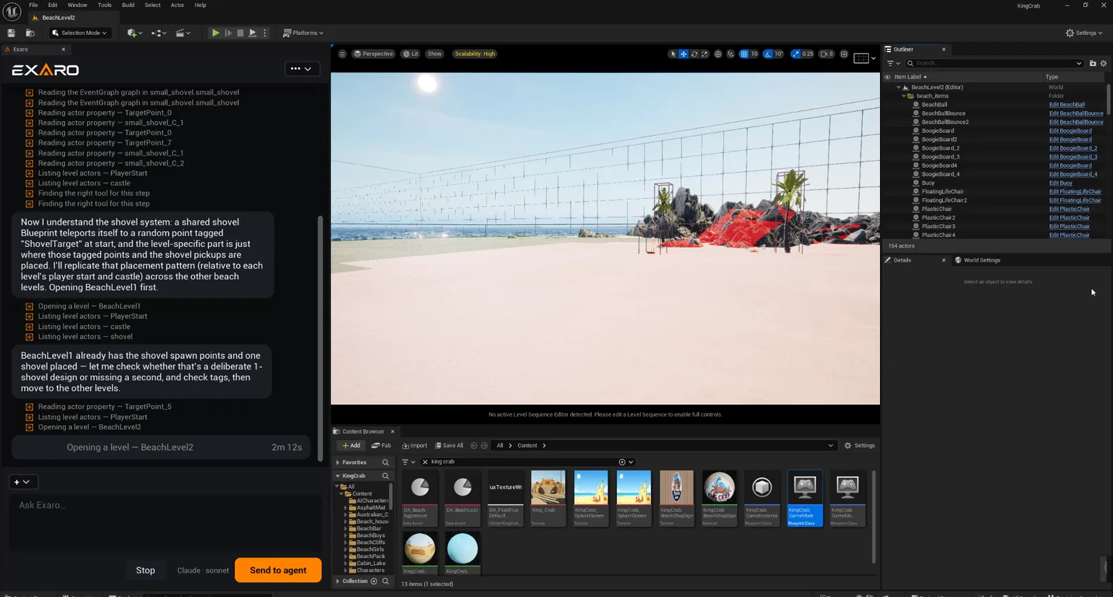 Exaro inspecting actors and an existing shovel system across a real Unreal Engine project