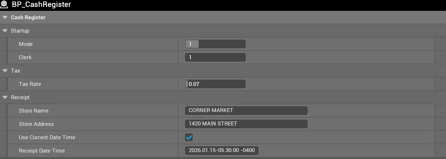 The Details panel of a placed BP_CashRegister showing the Cash Register Receipt, Tax, Items and Startup settings