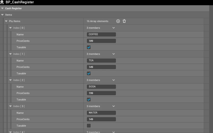 The Plu Items array in the Details panel: each row a name, a price in cents and a Taxable tick