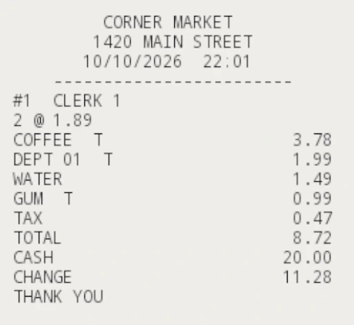 A printed receipt: the store's name, address, date and time, then each item with its amount, tax, total, cash and change