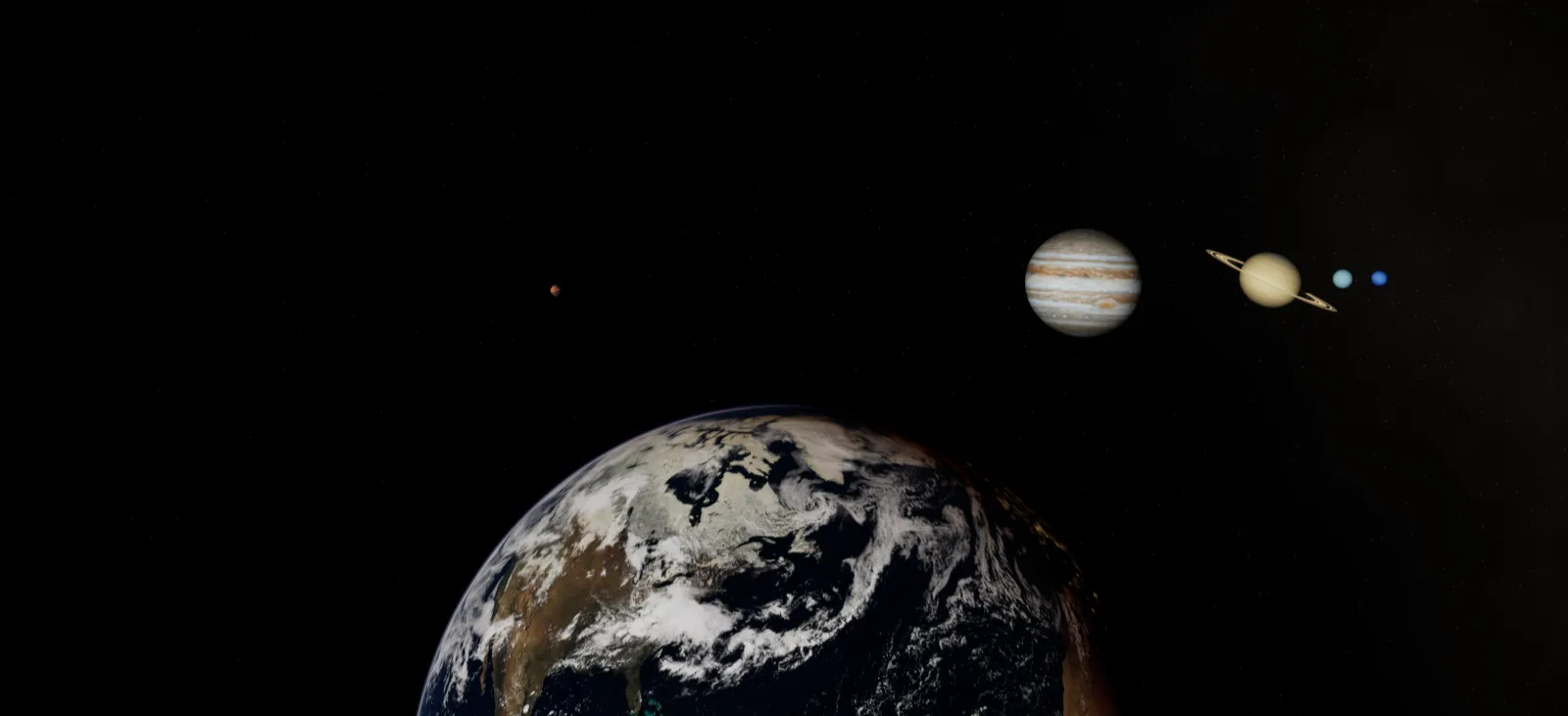 Earth in the foreground with Mars, Jupiter, Saturn and its rings, Uranus and Neptune beyond