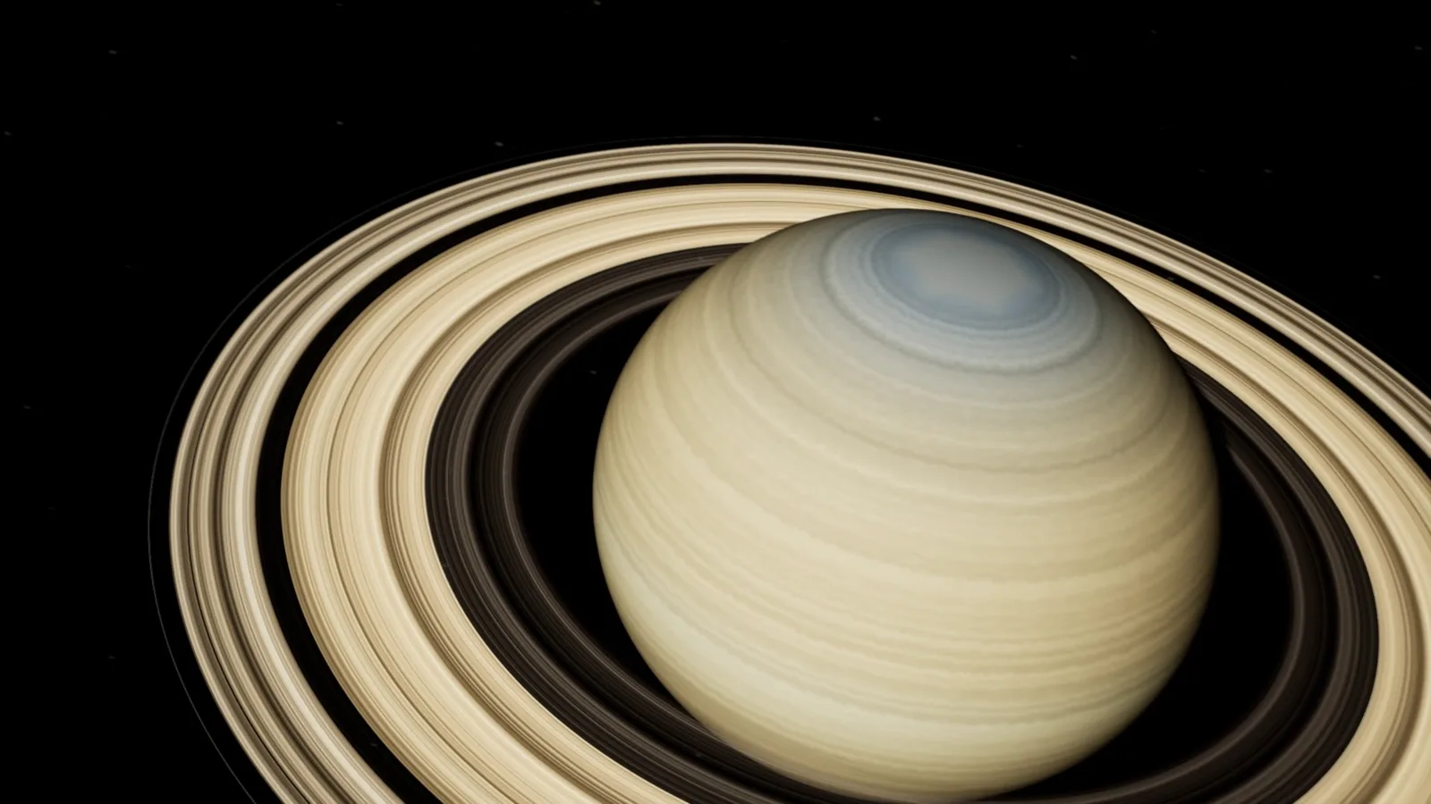 Saturn with its rings casting a shadow across the planet
