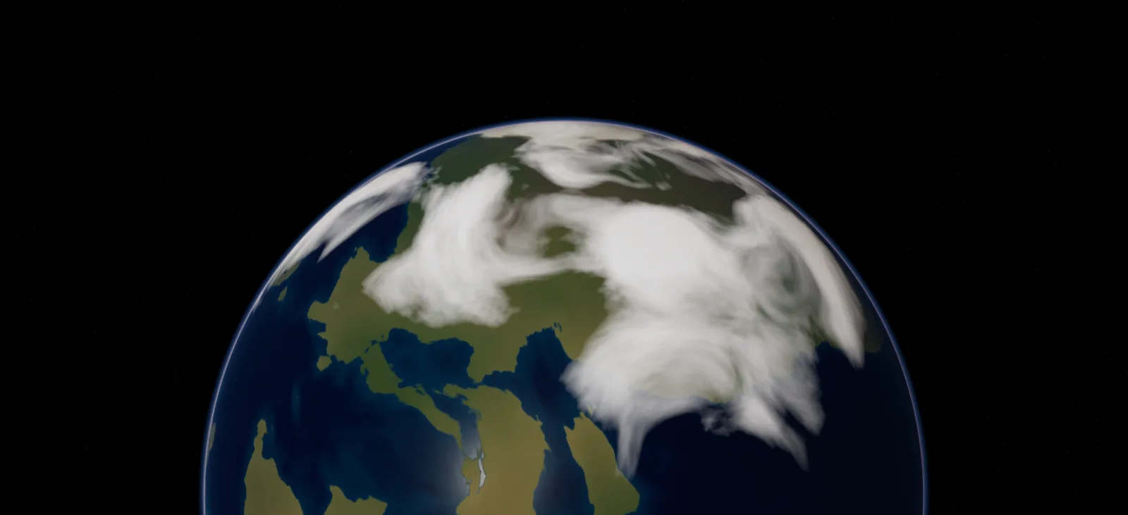 A fictional ocean world with green continents and swirling cloud