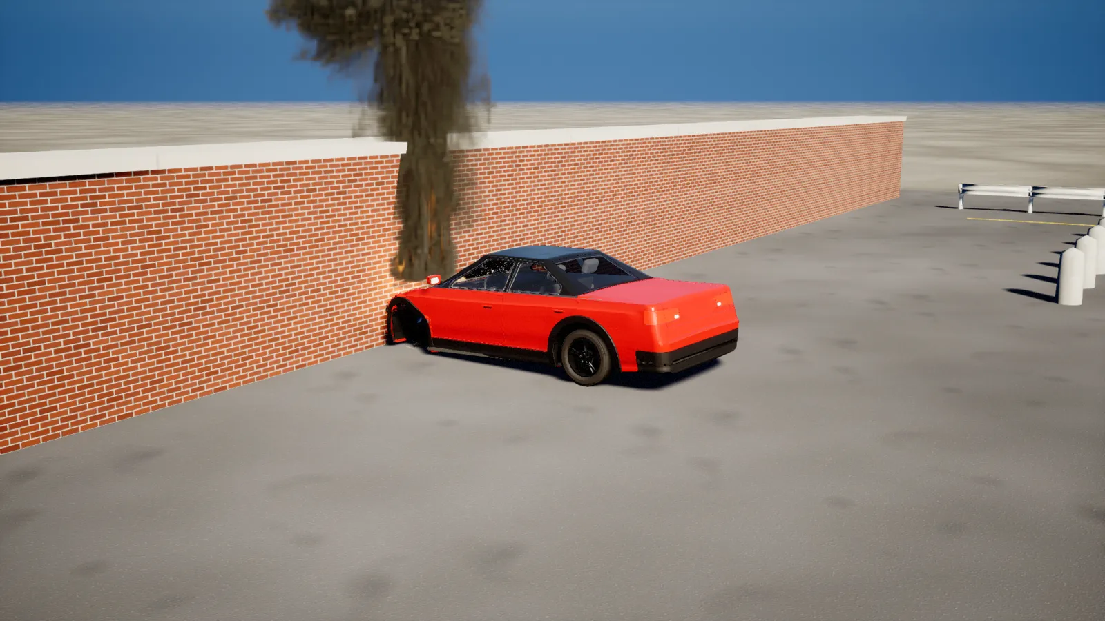 A red sedan crushed against a brick wall, its engine bay burning under a black smoke column