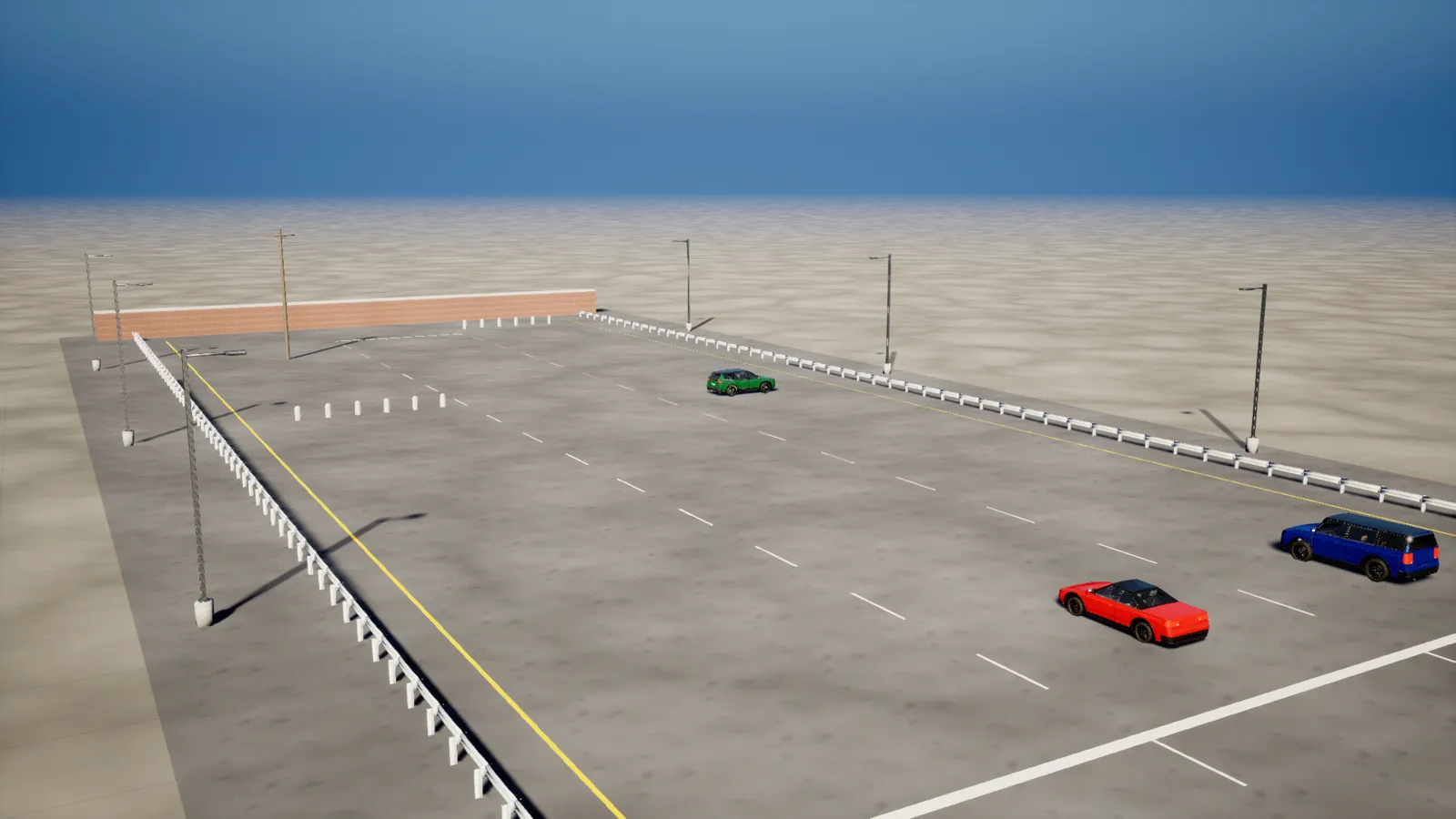 The crash yard from above: three lanes, a brick wall, bollards, a utility pole, guardrails and light poles, with the three cars parked