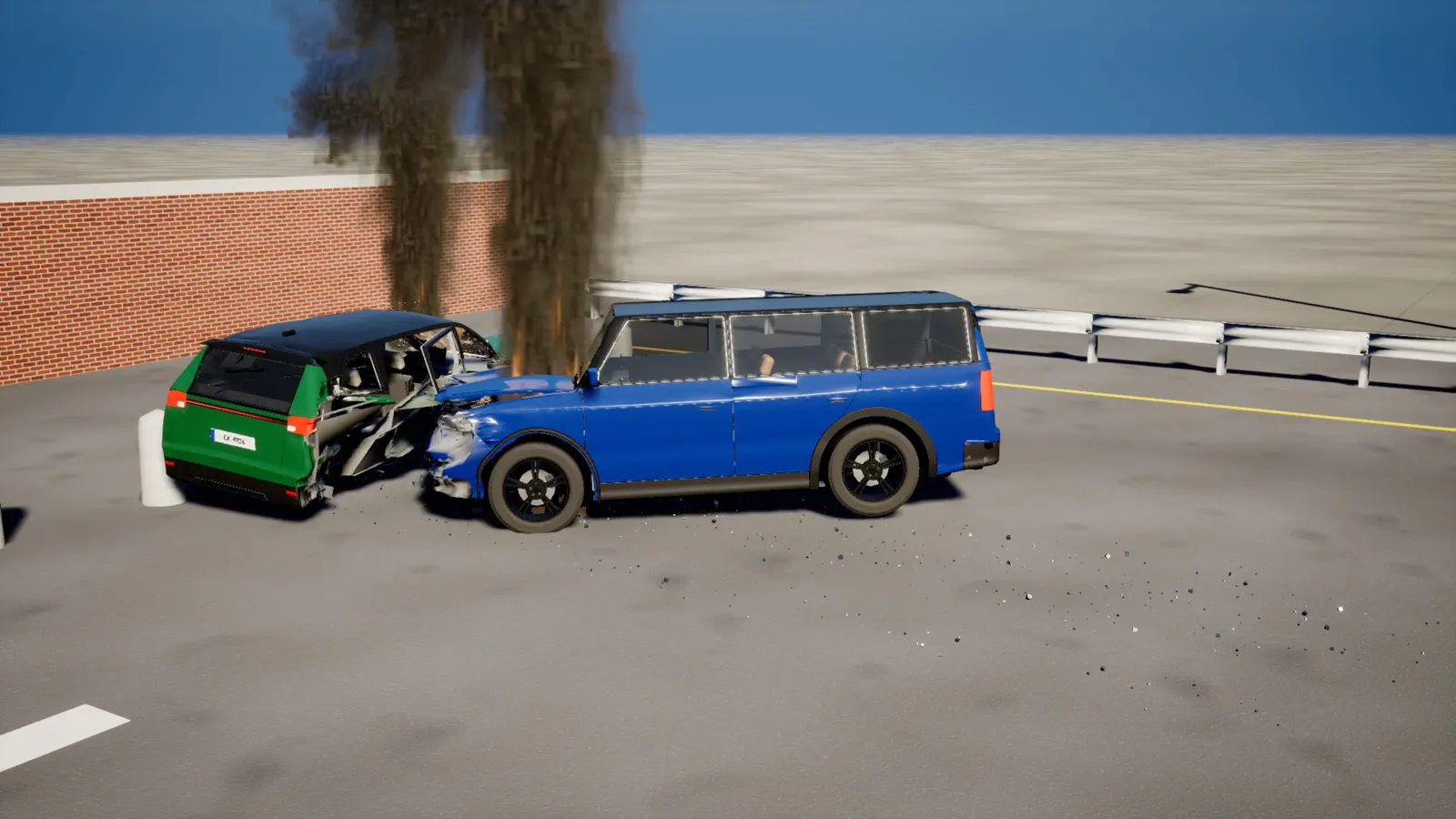A blue full-size SUV embedded in the side of a green crossover, both burning