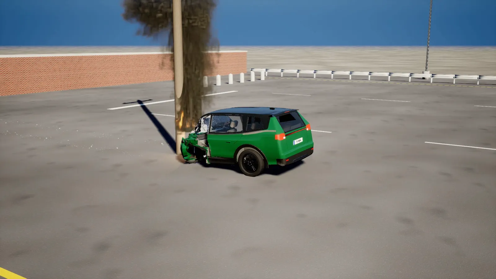 A green crossover folded round a utility pole, burning under a smoke column