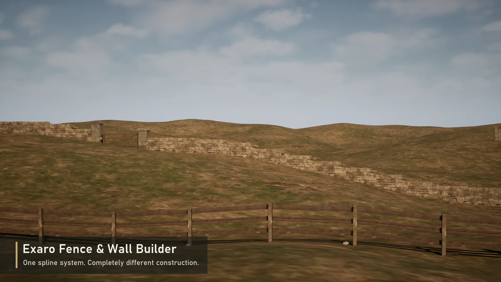 A dry stone wall and a post and rail fence running across hills