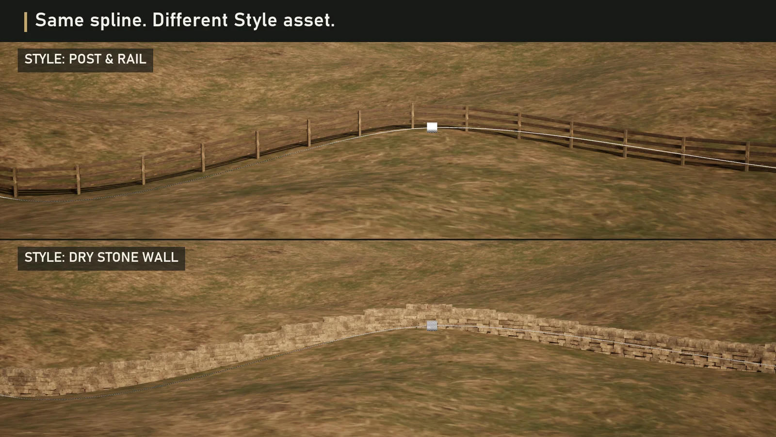 One spline shown as several different fence and wall styles