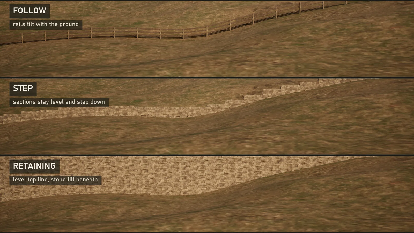 The same wall on a slope in Follow, Step and Level modes