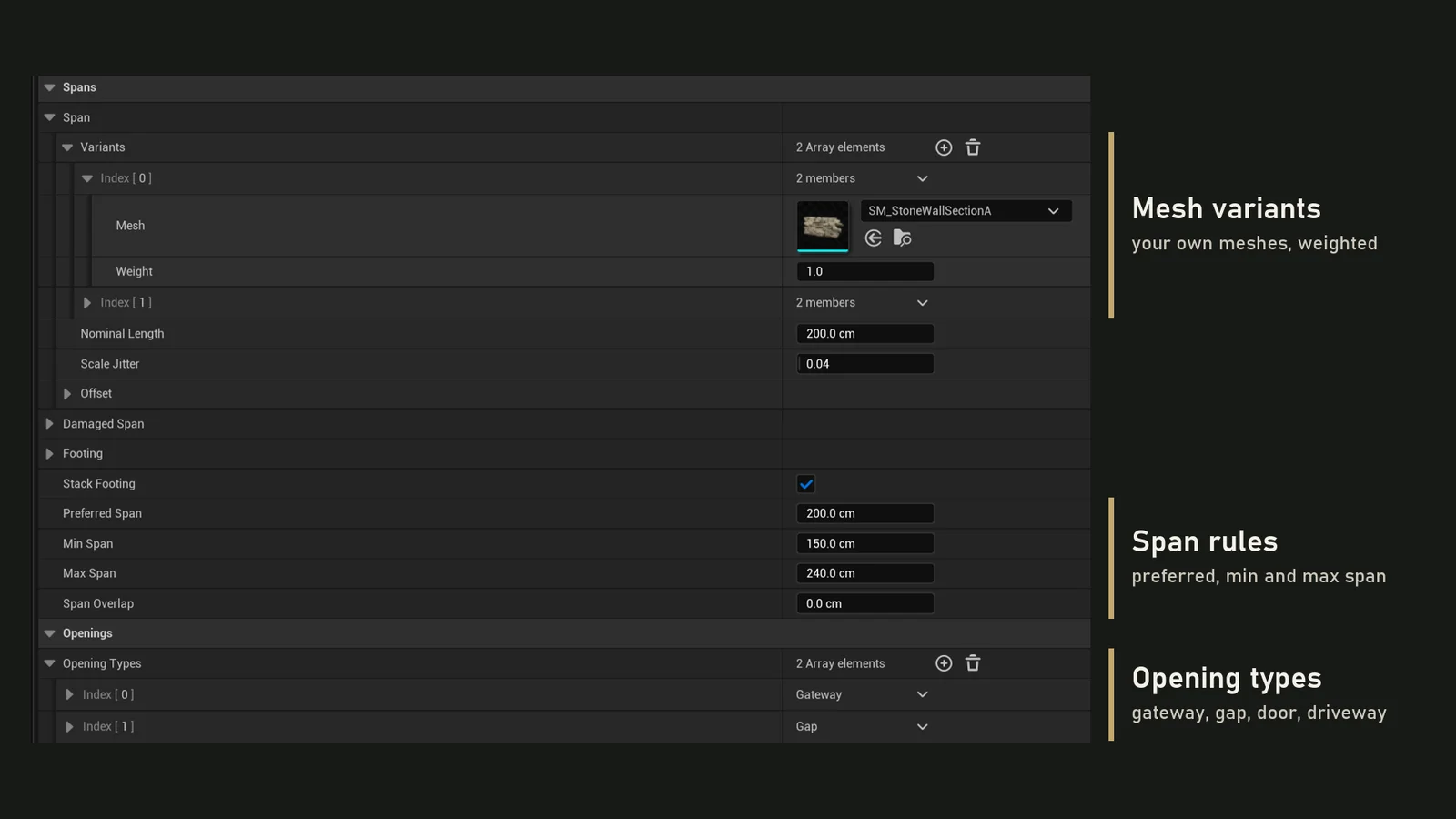 An Exaro Structure Style data asset with its slots labelled