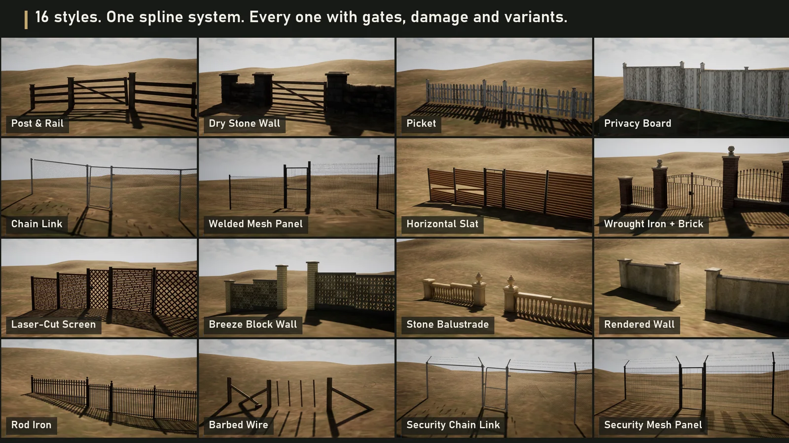 All sixteen fence and wall styles side by side