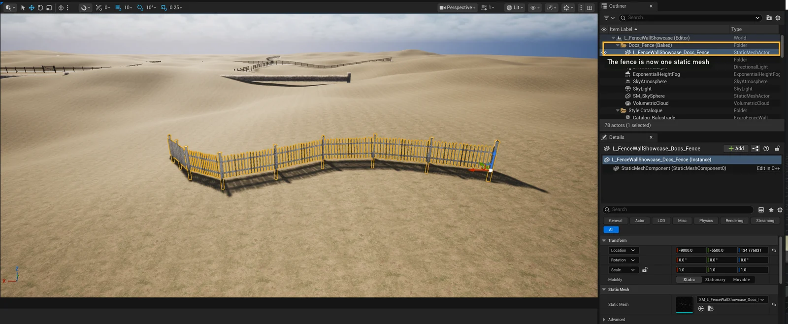 The fence after baking, shown as one static mesh in the Outliner
