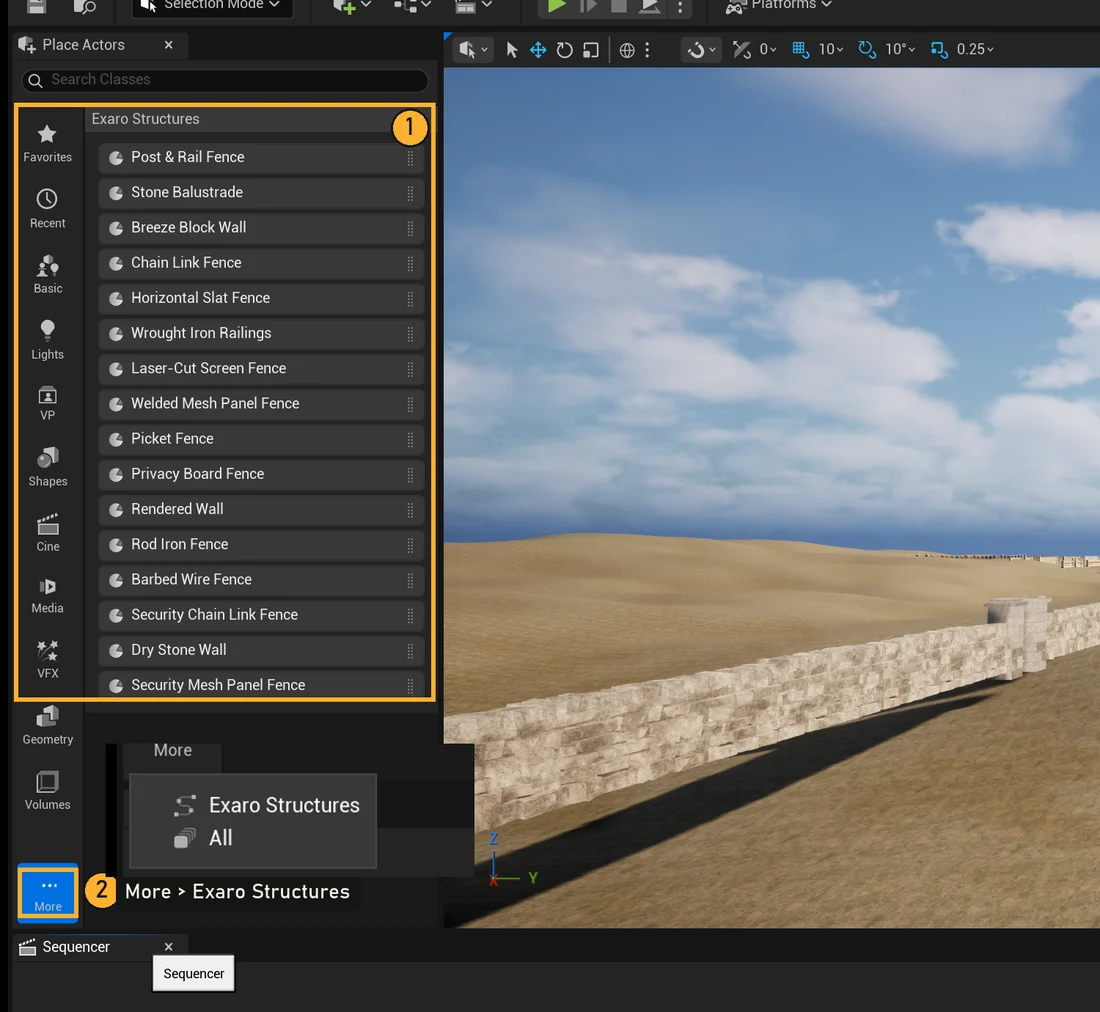 The Place Actors panel showing the Exaro Structures tab with sixteen fence and wall styles