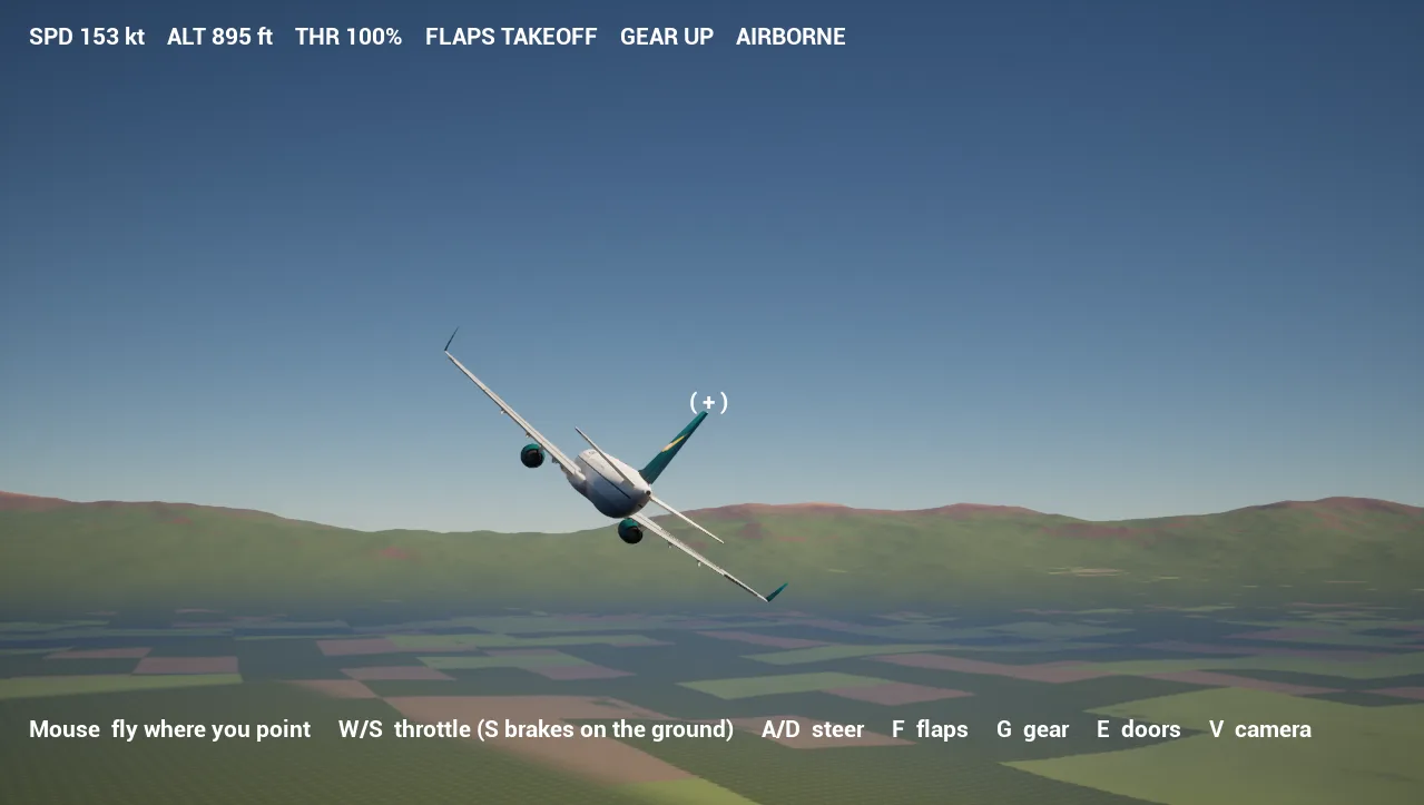 Chase view of the airliner banking right over farmland with mountains on the horizon, the flight readout across the top and the controls along the bottom