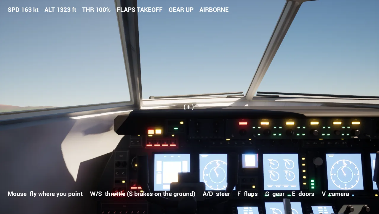 First-person view from the captain's seat in a climb: the windshield, glareshield, displays and yoke