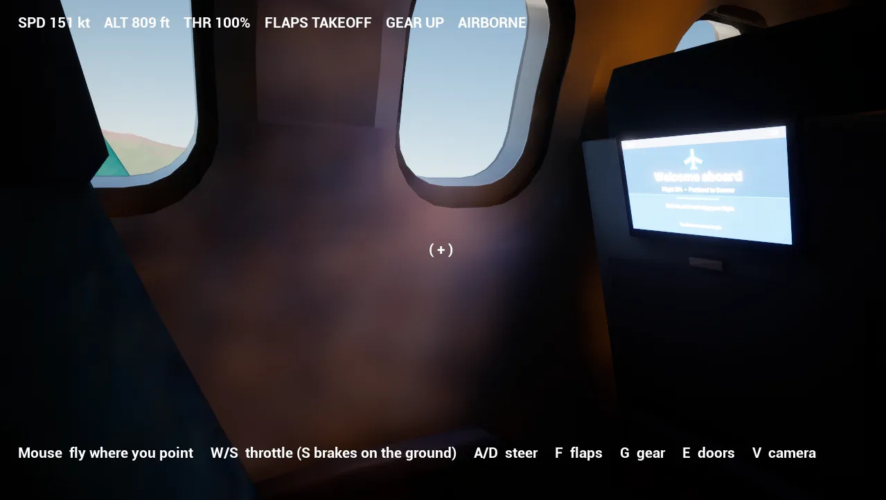 Passenger view from a window seat: two cabin windows showing sky, hills and the wingtip, and the seatback screen saying Welcome aboard