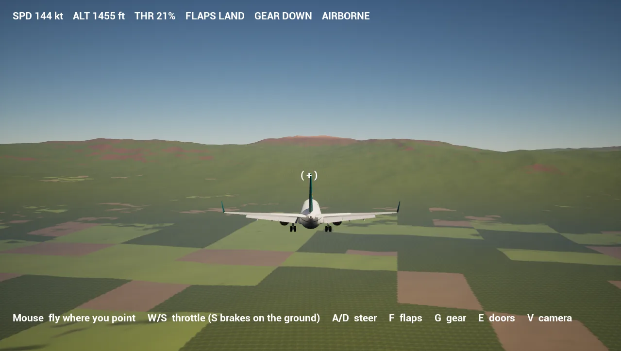 Chase view on approach with the gear down over the farmland, readout showing 144 knots, 21% throttle, flaps LAND, gear DOWN