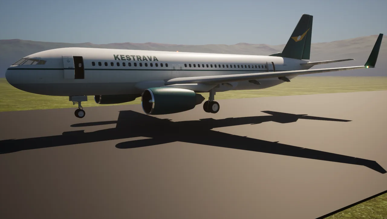 The airliner parked on the runway with the forward passenger door open, the mountains behind