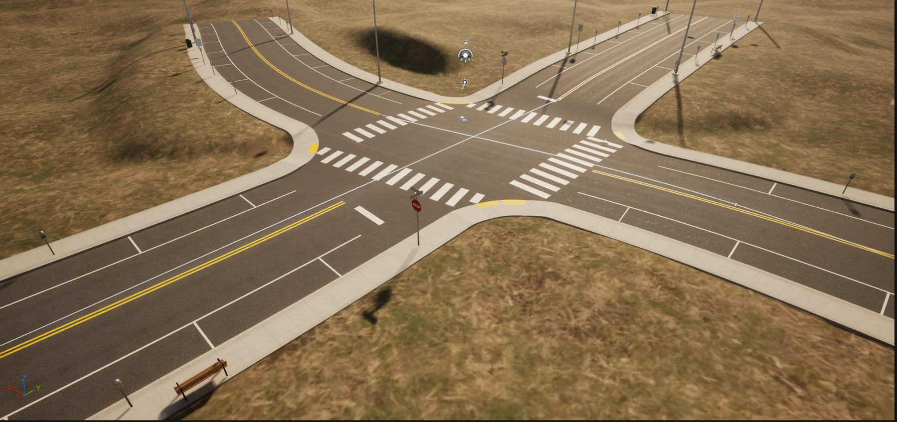 Two suburban roads crossing at a junction with crosswalks, curb ramps and stop signs