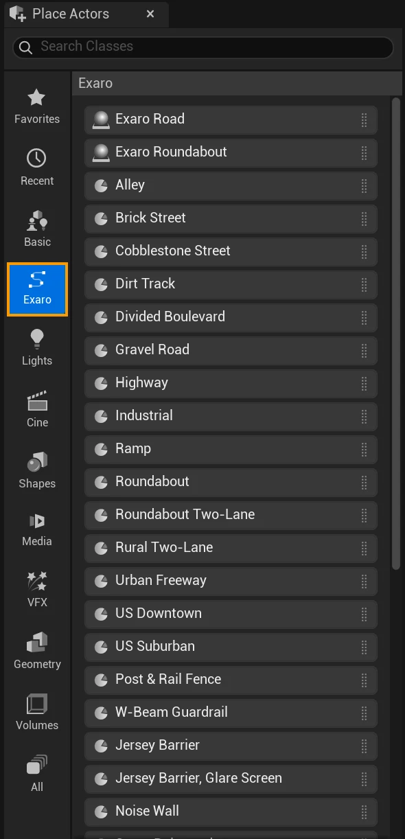 The Place Actors panel on the Exaro tab: Exaro Road, Exaro Roundabout, every road type, then guardrail, barriers and noise wall