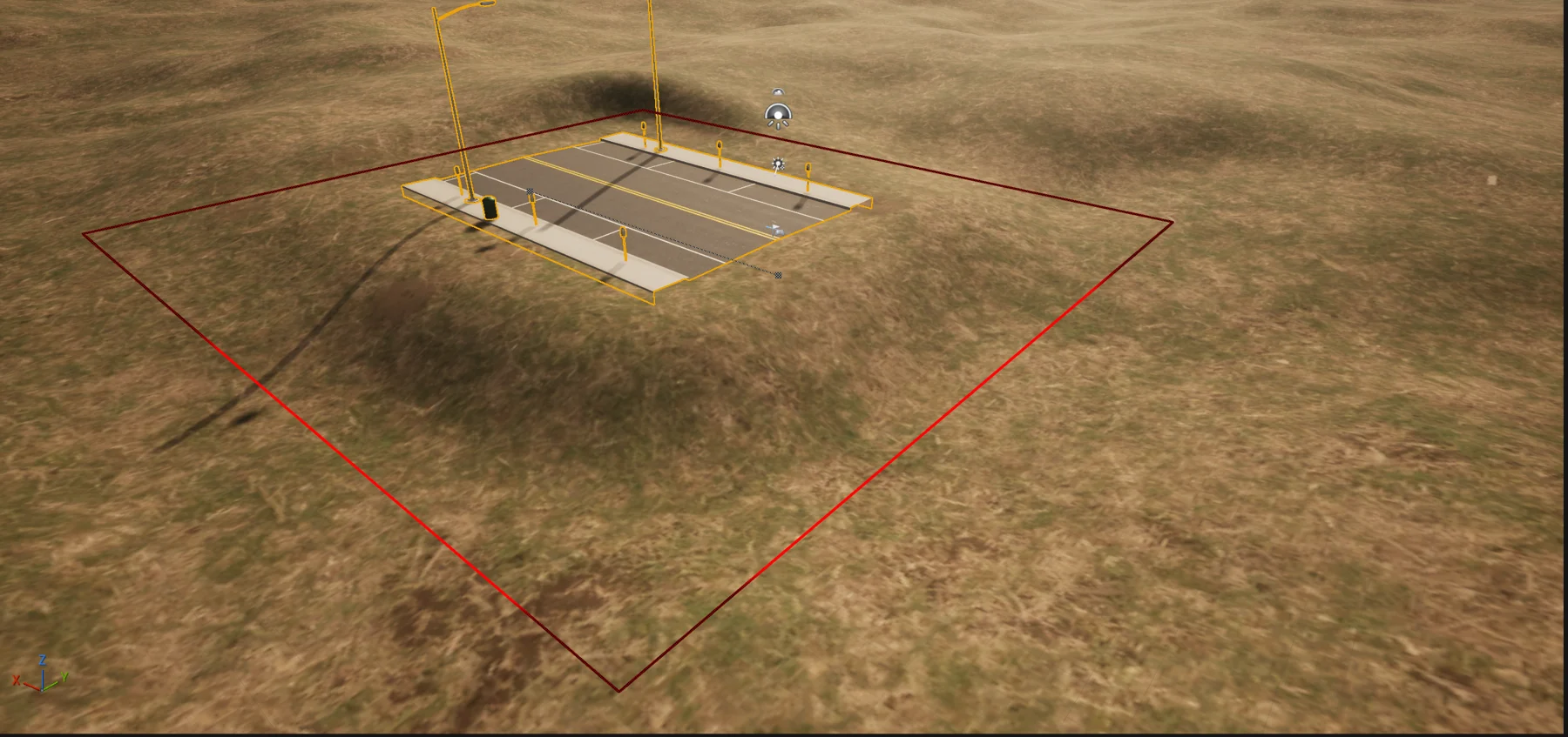 A short new suburban road on a grassy hill, selected, with its bounds shown