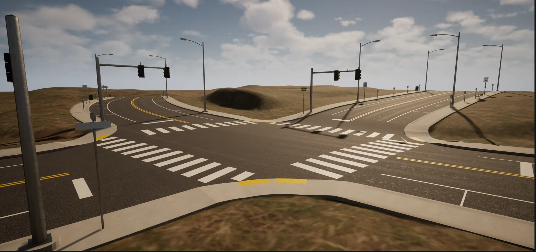 The crossing with traffic signals on mast arms over each approach