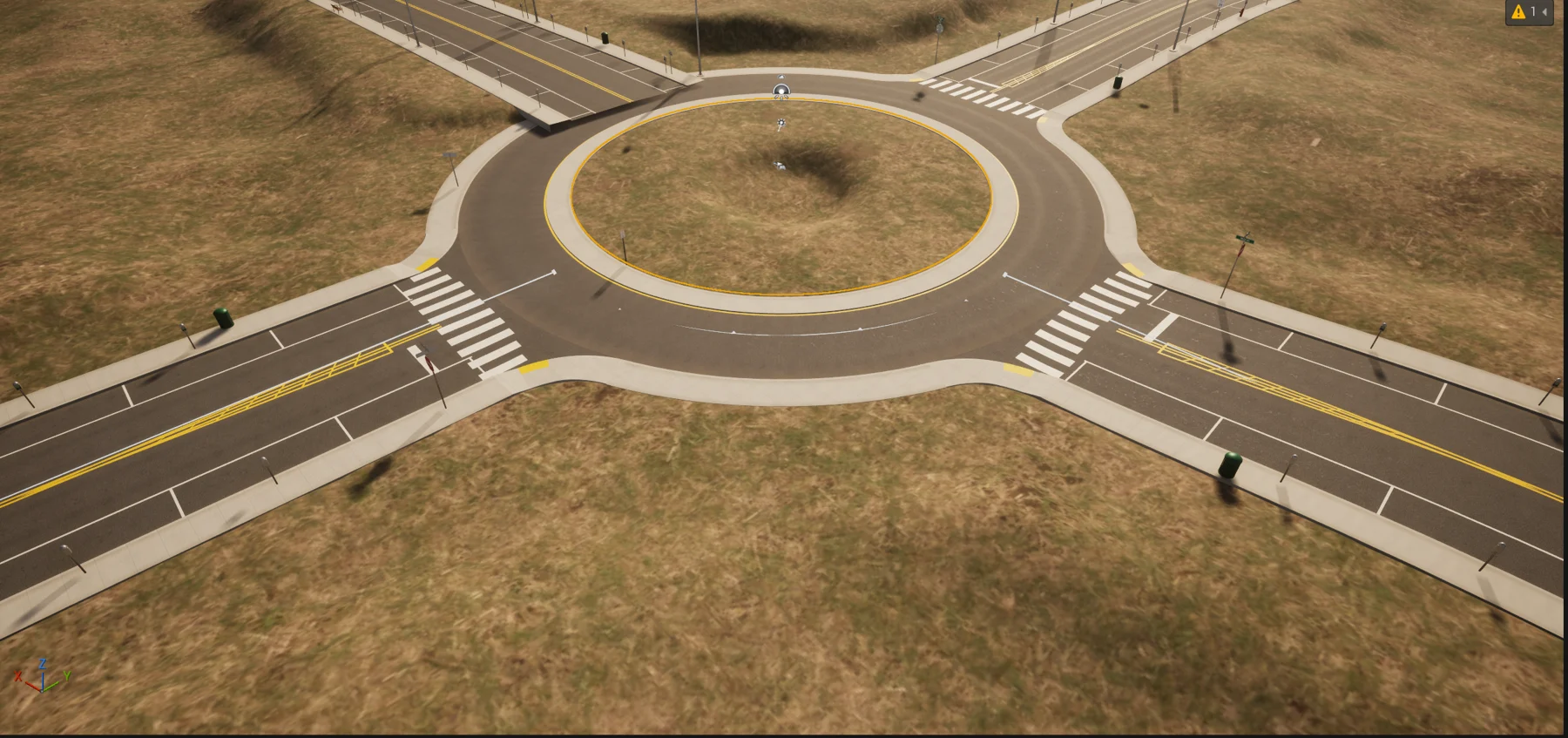 A one-lane roundabout with four roads joining it, each with crosswalks and splitter islands