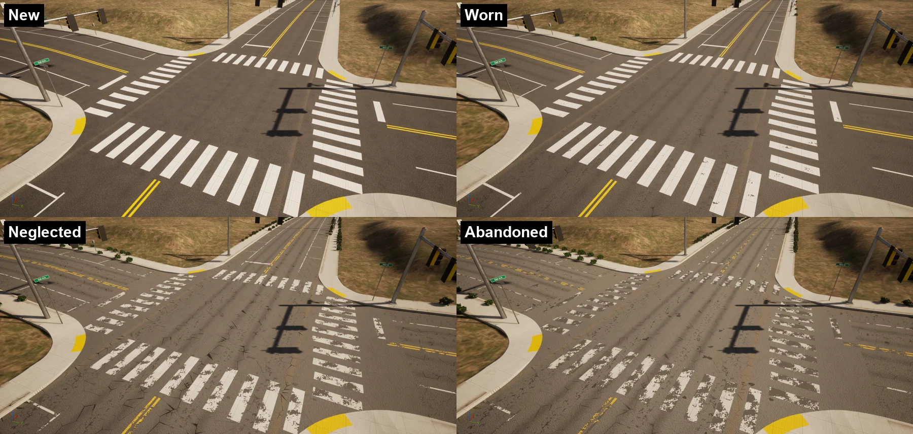 The same junction four times: New, Worn, Neglected and Abandoned