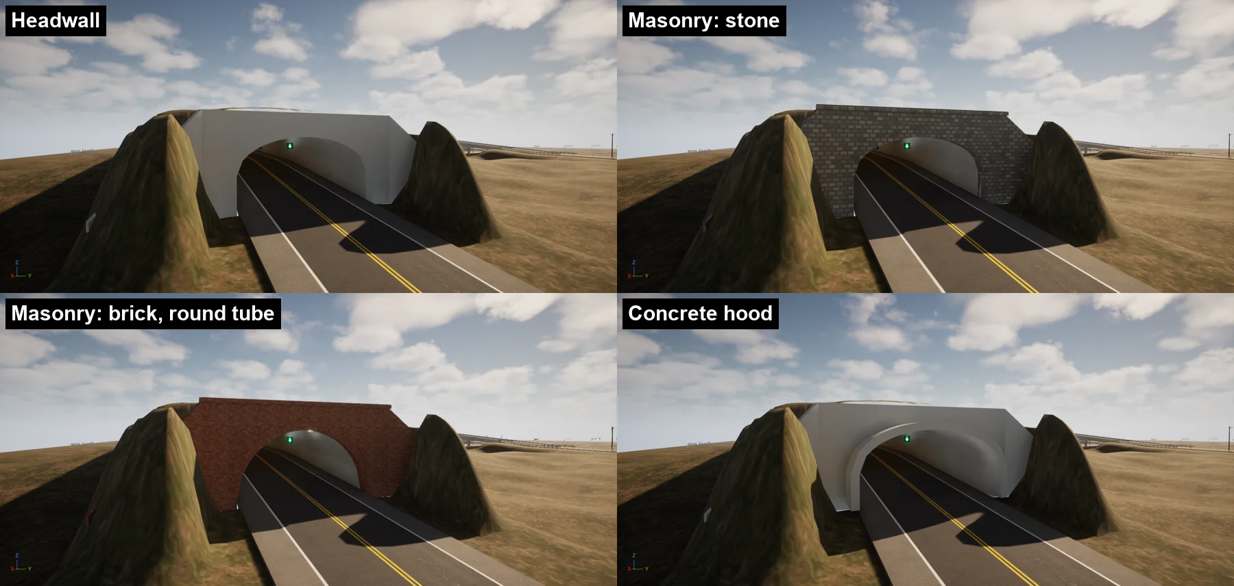Four tunnel mouths: concrete headwall, stone masonry, brick masonry with a round tube, and a concrete hood
