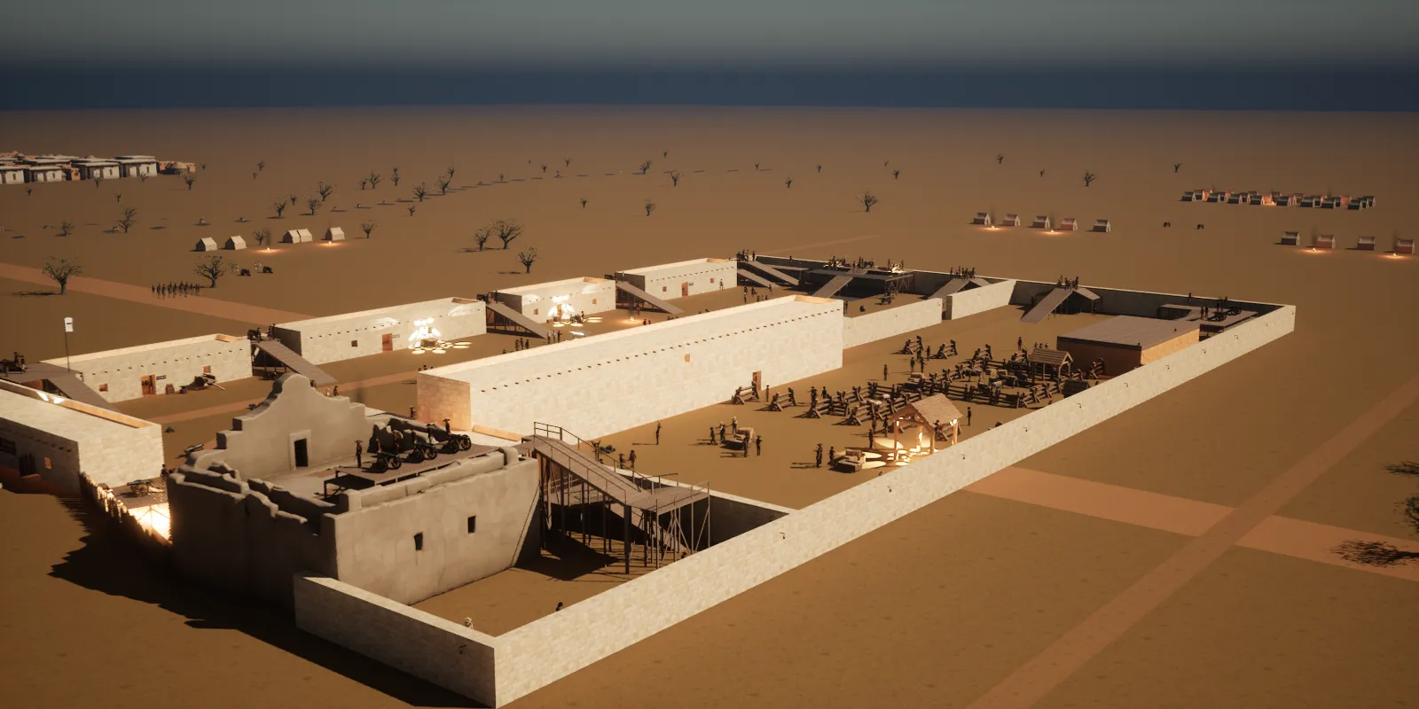 A walled stone compound with a chapel, gun batteries and a garrison at dusk, built and filmed with Exaro Studio in Unreal Engine 5