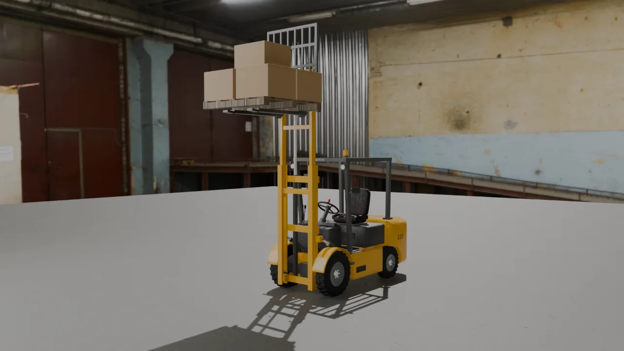 A counterbalance forklift lifting a pallet, tilting its mast and steering