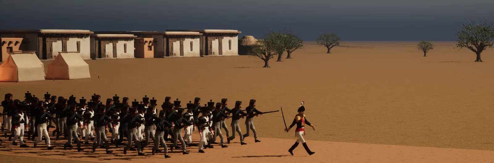 Santa Anna leading a column of infantry past the adobe houses of Béxar.