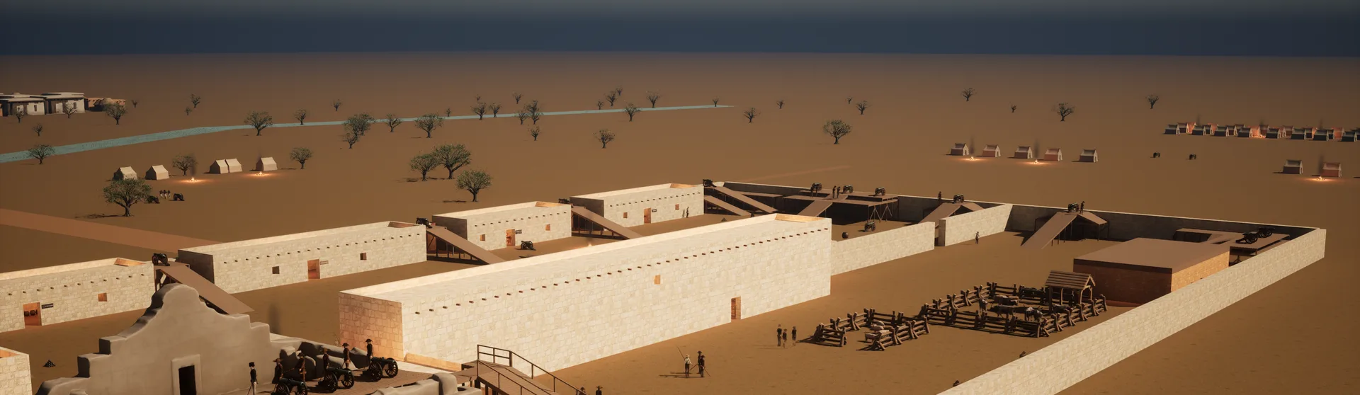 The Alamo compound: the church, the long barracks, ramps up to the gun platforms and the camps beyond.