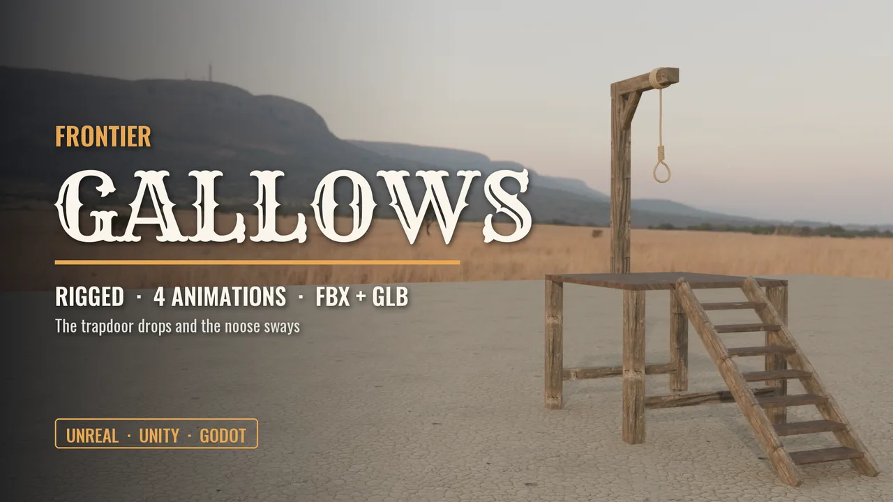 Frontier gallows: a weathered timber gallows on a dry plain.