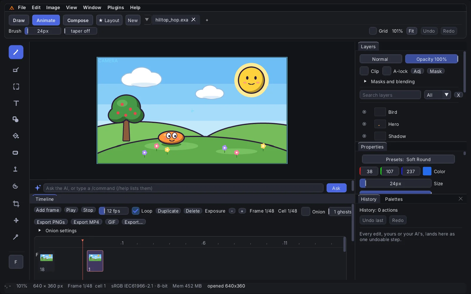 Exaro Drawing in the Animate workspace: the Hilltop Hop cartoon on the canvas, the timeline with its frames below, and the Layers, Properties and History panels on the right.