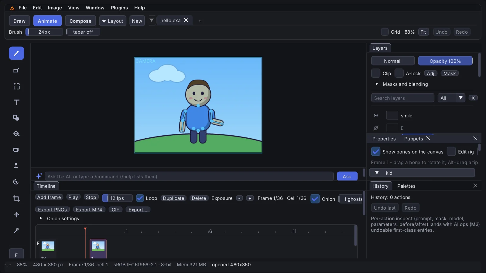 Exaro Drawing in the Animate workspace: a cartoon kid on a hill with his bones drawn over him, arm raised mid-wave, the Puppets panel docked on the right and the timeline below.