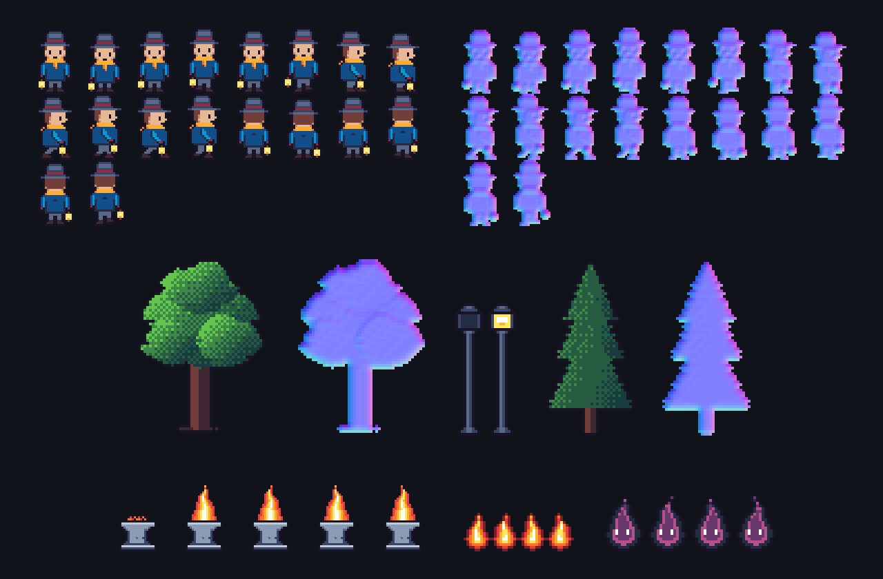 The exported sprite sheets: the hero’s walk cycles beside their normal map, an oak and a pine beside theirs, lamp posts, beacon flames, embers and wisps.