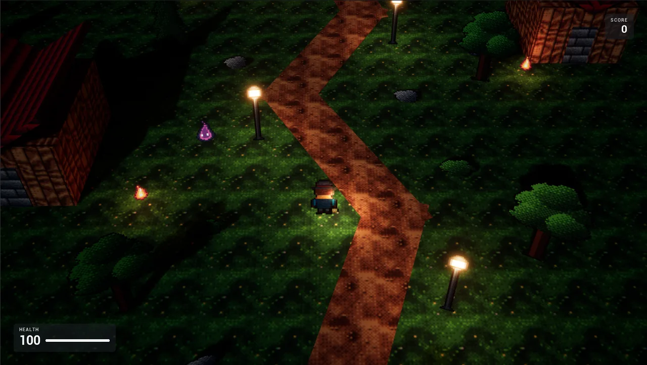 Lamplight Hollow: the lamplighter walks a cobbled path through a dark village lit by lamp posts, with pixel trees, houses and purple shade wisps.