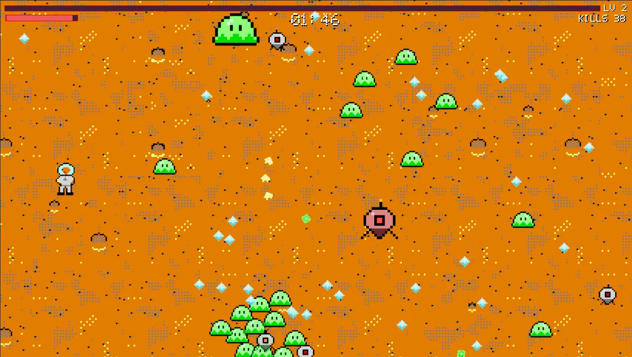 Star Sweeper in play: the janitor fires at a swarm of green slimes and drones on an orange desert.