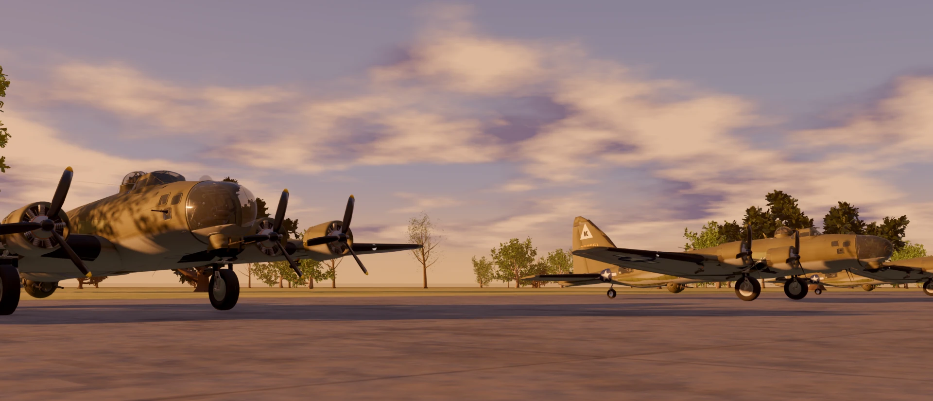 A line of WWII heavy bombers parked along an airfield apron under a low sunset sky.