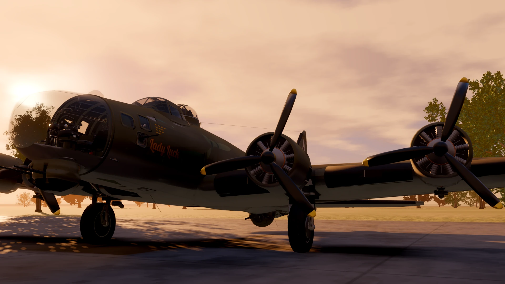 A WWII heavy bomber named Lady Luck parked on an airfield at sunset, seen from low in front of the nose with its propellers and glazed nose in detail.