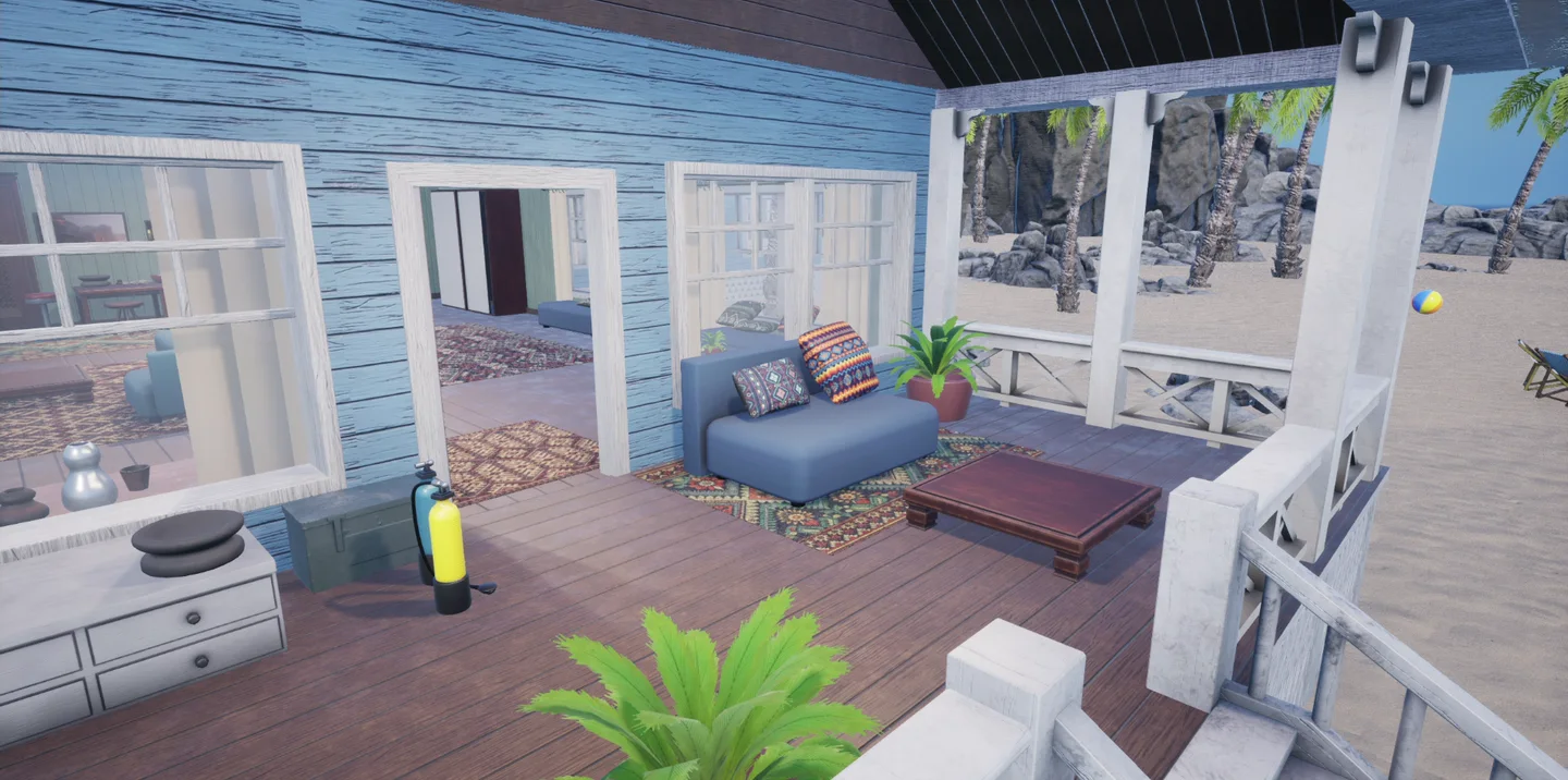 A beach-house porch in Unreal Engine 5 furnished by Exaro: couch, rug, coffee table, plants and dive gear, with the ocean beyond
