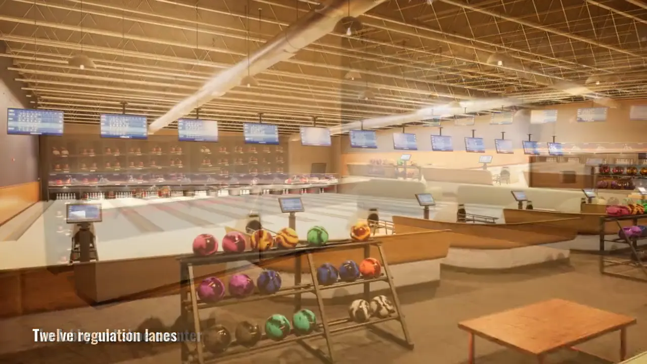Inside Cedar Creek Lanes: twelve lanes with ball returns and score monitors under an exposed steel roof