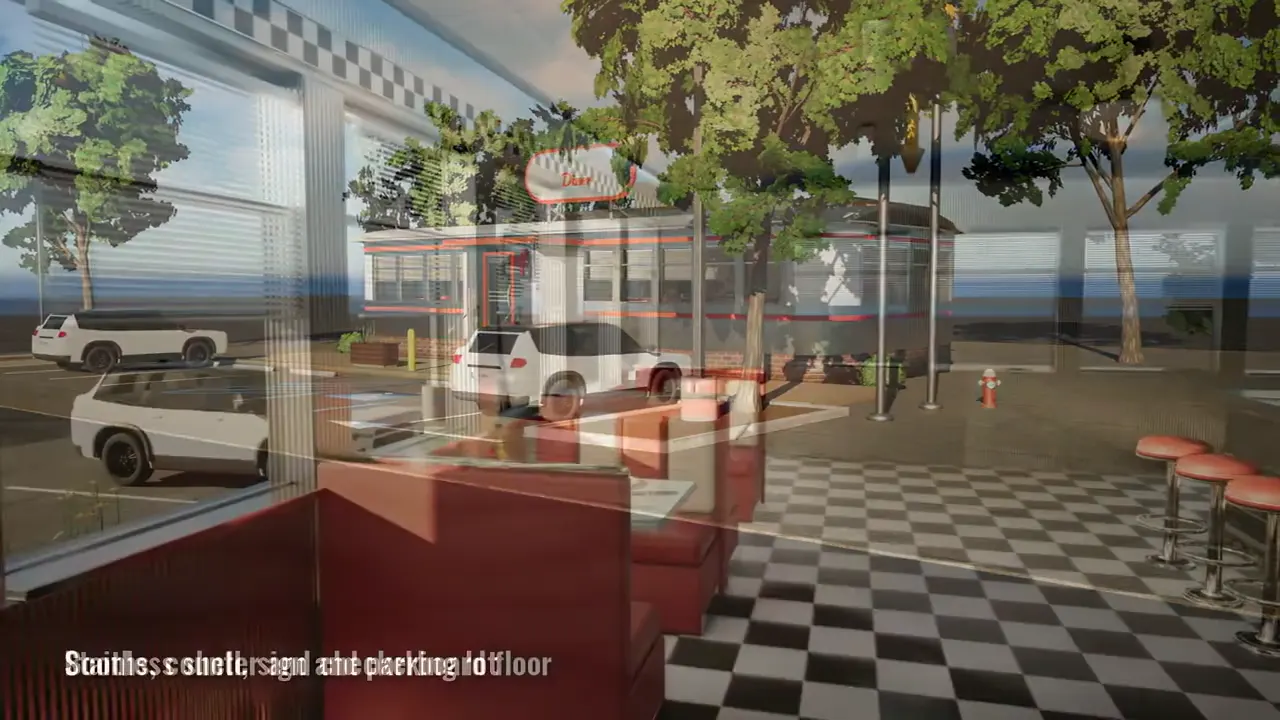 Inside the Cedar Creek Diner: red vinyl booths, a long counter of stools and a checkerboard floor