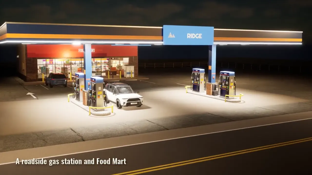 The Cedar Creek gas station at night: a lit canopy over four dispensers in front of the Food Mart