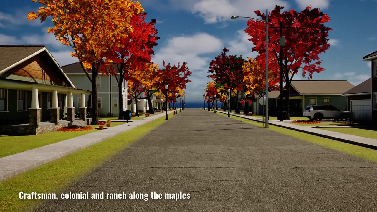 Down Maple Street: craftsman, colonial and ranch houses along a street of autumn maples