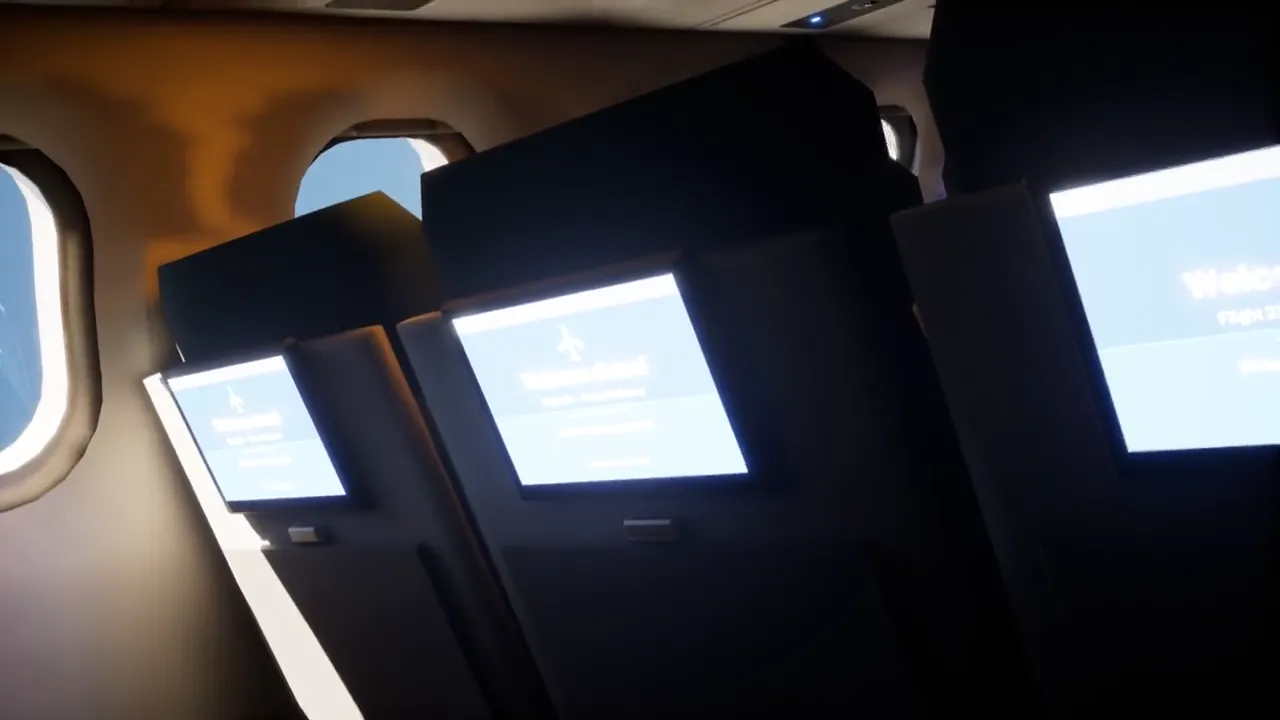 In the cabin as the airliner banks, every seatback screen lit