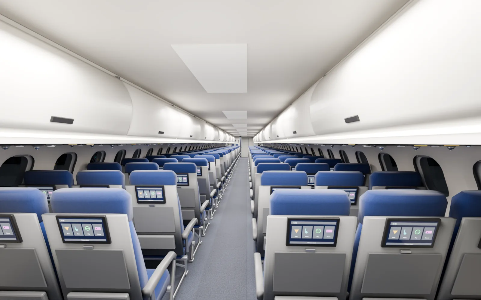 The airliner cabin built with Exaro Model: 25 rows with seatback screens under the overhead bins.