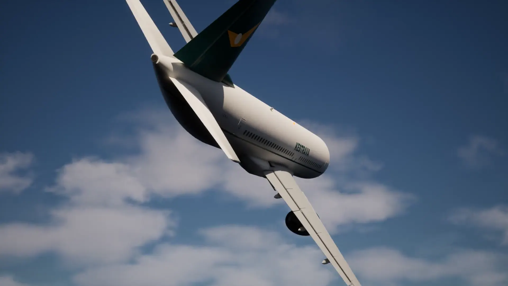The narrow-body airliner built in the Exaro studio, taking off